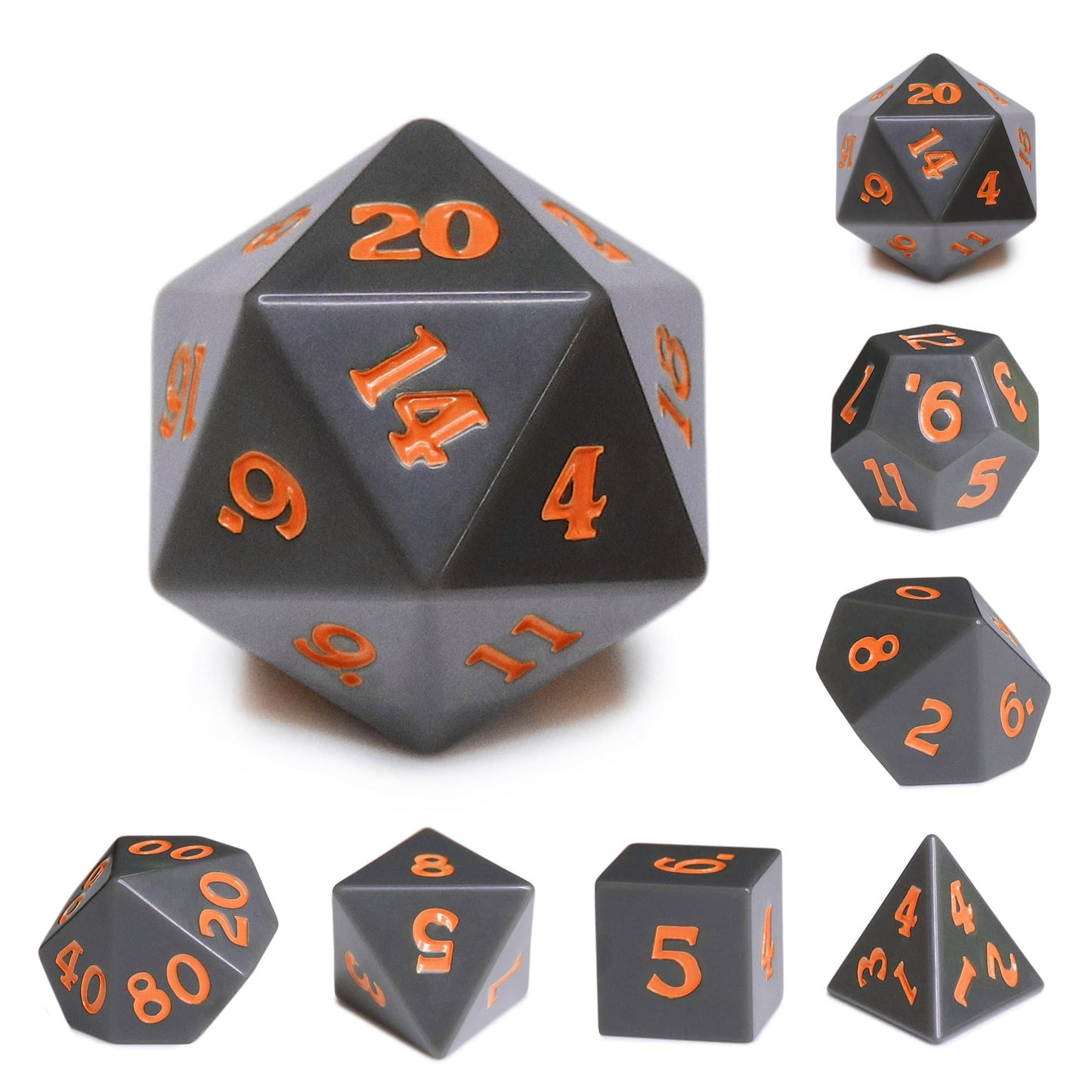 RPG Dice | Slate w/ Orange Ink (Sharp Edged) | Set of 7