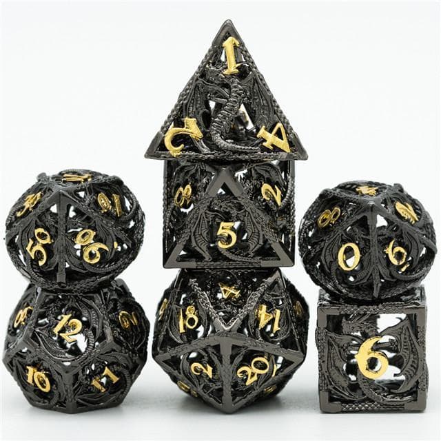 Metal Dice | Hollow "Dragon" Black w/Gold | Set of 7