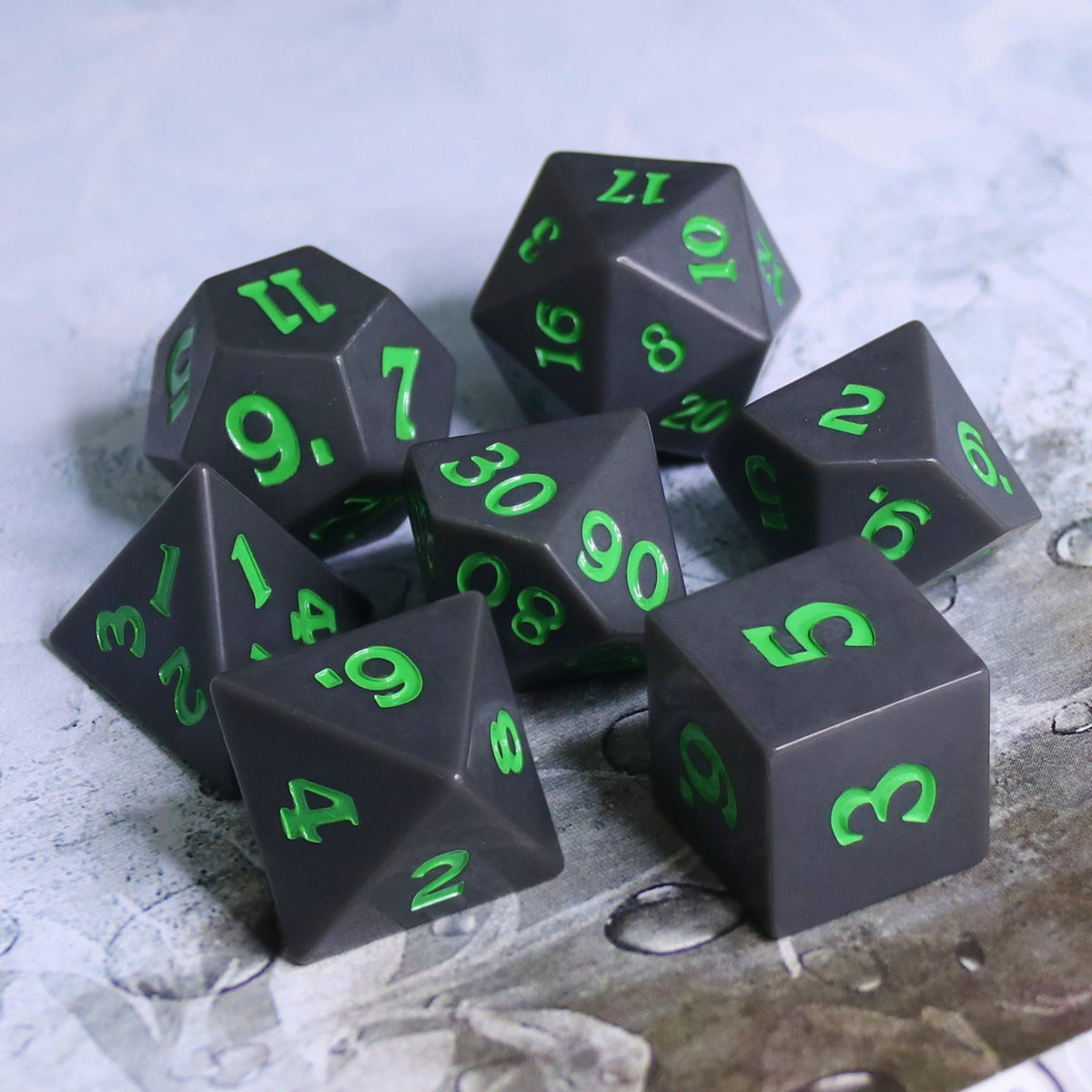 RPG Dice | Slate w/ Green Ink (Sharp Edged) | Set of 7