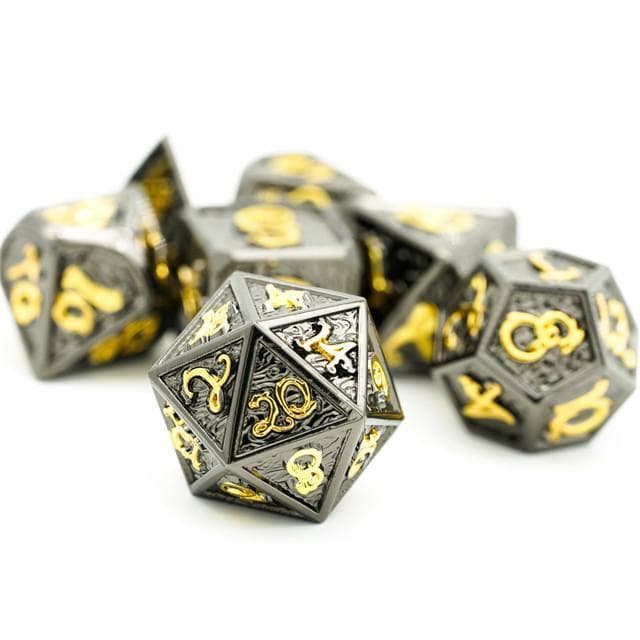 Metal Dice | Black Metal w/ Gold Dragon and Clouds | Set of 7