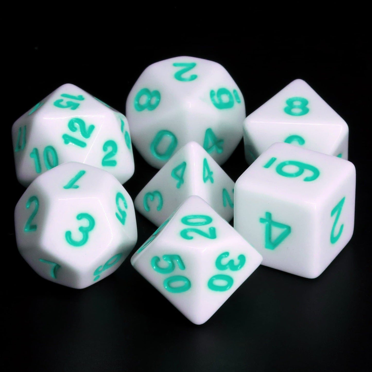 Polyhedral Dice Set | Acrylic | Solid White (Teal Ink) | Set of 7 (D0101)