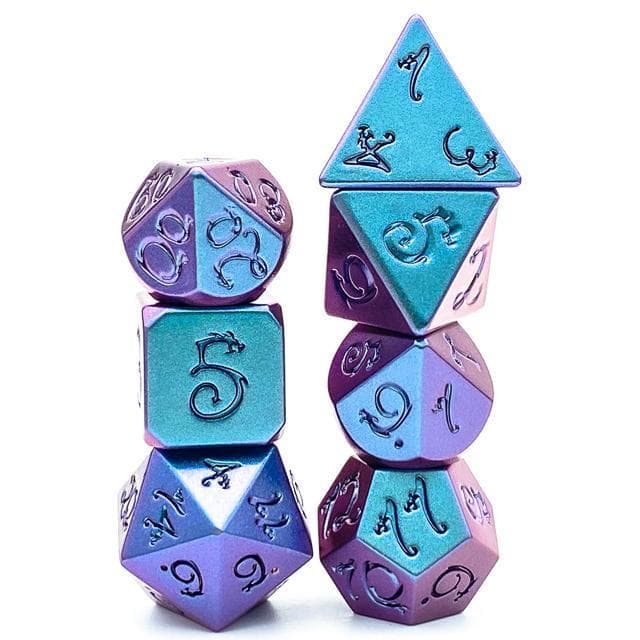 Metal Dice - Purple Iridescent w/Dragon - Set of 7