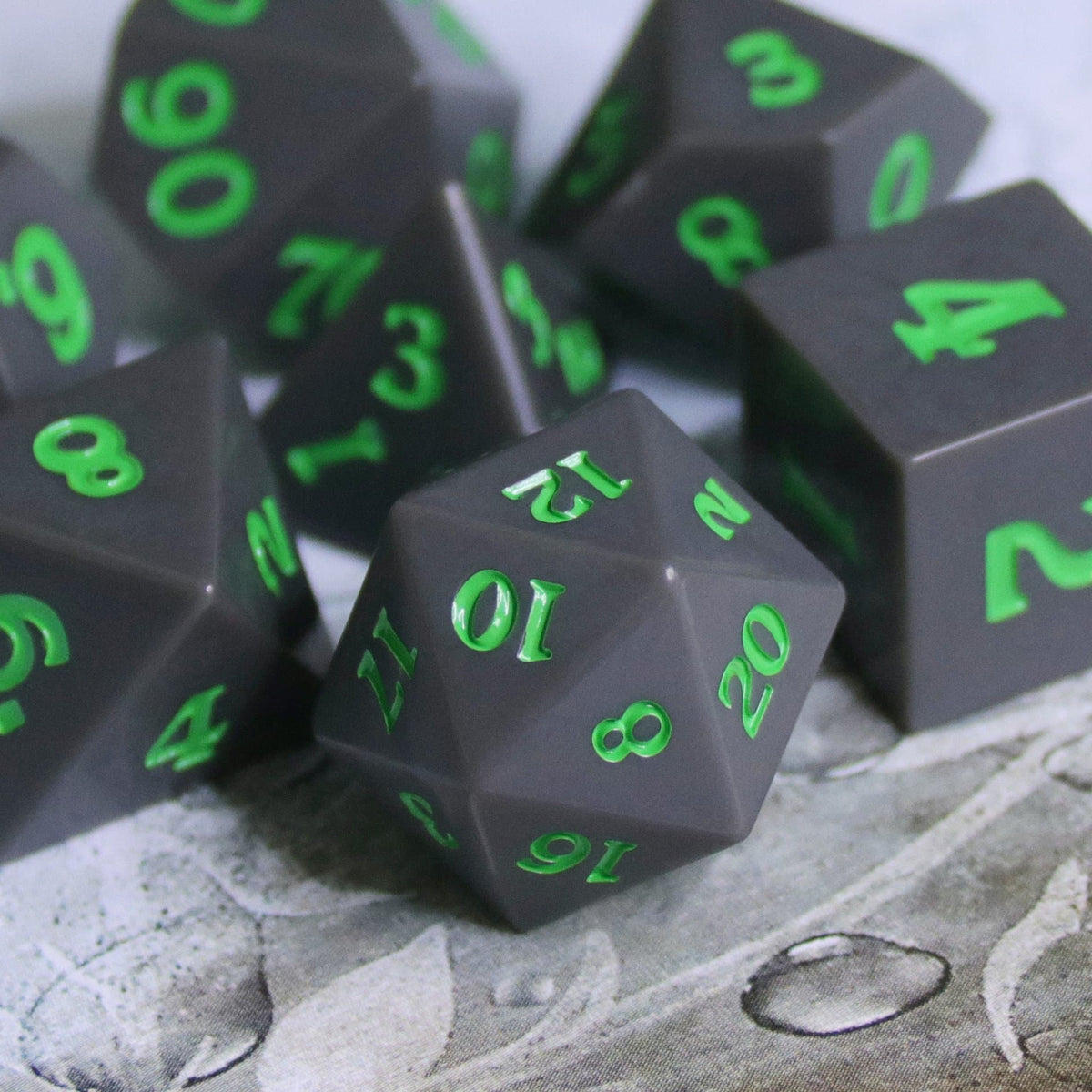 RPG Dice | Slate w/ Green Ink (Sharp Edged) | Set of 7