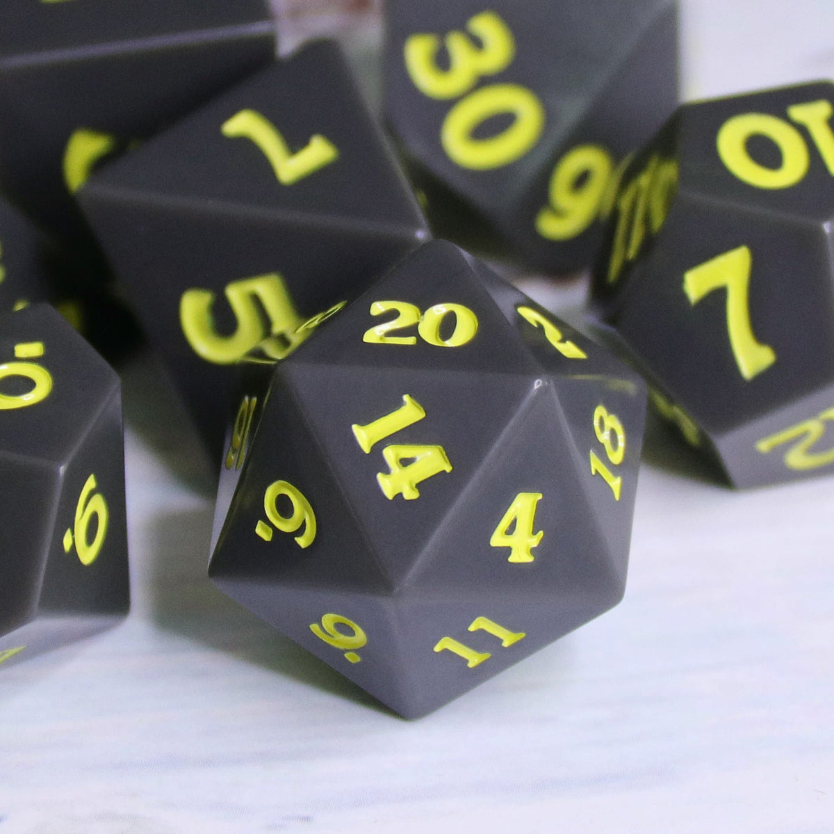 Polyhedral Dice Set | Acrylic | Slate w/ Yellow Ink (Sharp Edged) | Set of 7 (D0021)