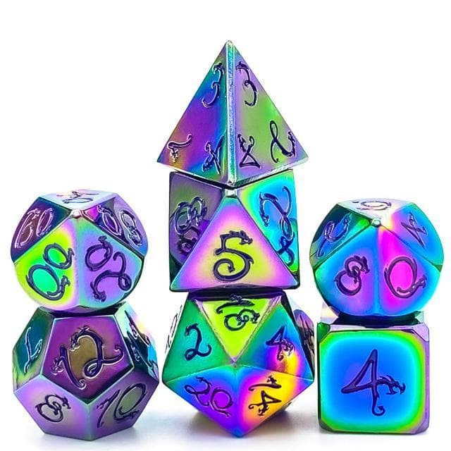 Metal Dice | Rainbow Chrome w/Dragon (Purple Ink) | Set of 7