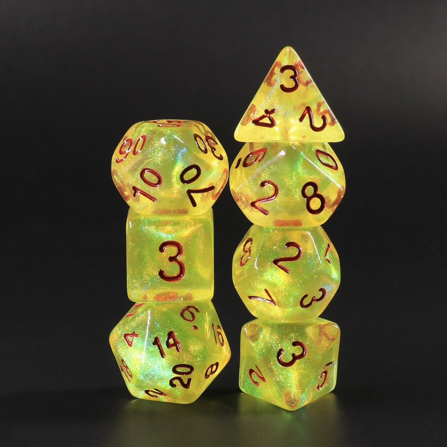 Polyhedral Dice Set | Acrylic | "Acidic Slime" (Red Ink) | Set of 7 (D0060)