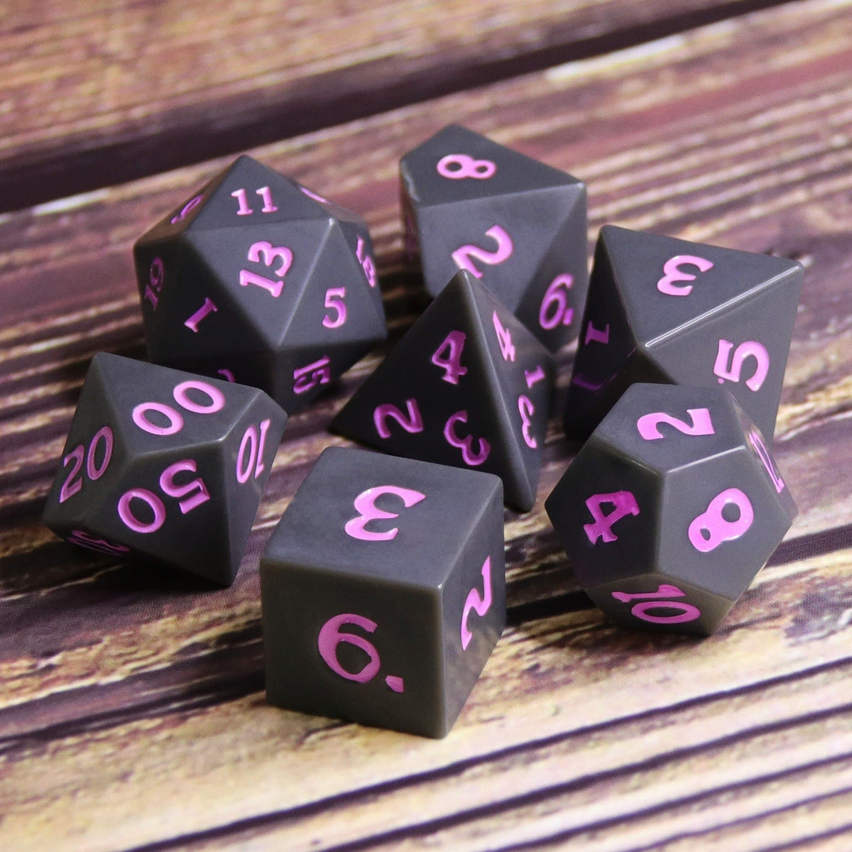 Polyhedral Dice Set | Acrylic | Slate w/ Purple Ink (Sharp Edged) | Set of 7 (D0096)
