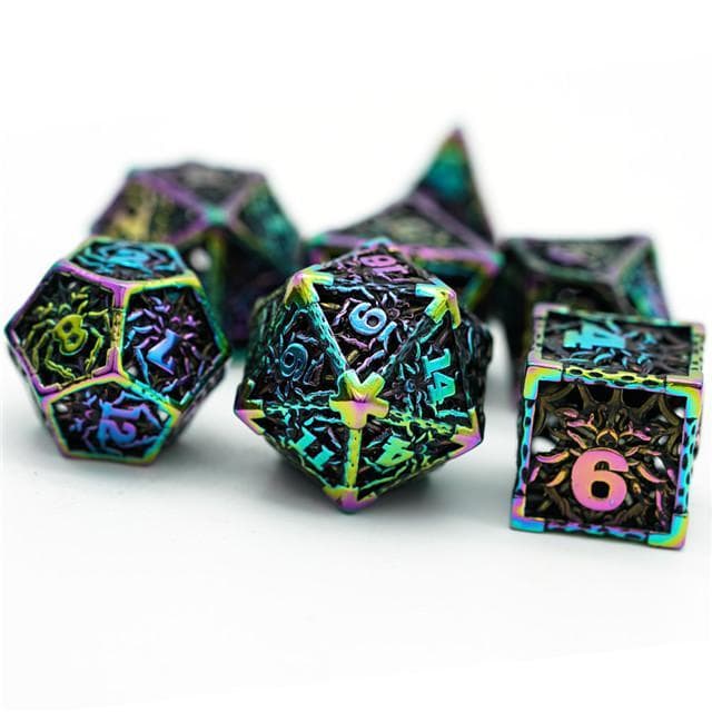 Metal Dice | Hollow "Spider" Rainbow | Set of 7