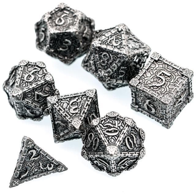 Metal Dice | "Dagger of Venom" Tumbled Silver | Set of 7