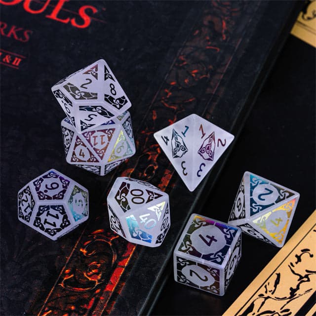 Polyhedral Dice Set | Gemstone | White Quartz w/ Rainbow Foil Celtic Knot | Set of 7 (D0215)