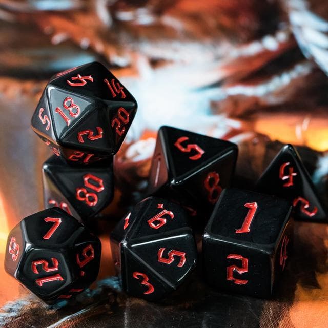 RPG Dice | Solid Black (Red Ink) | Set of 7