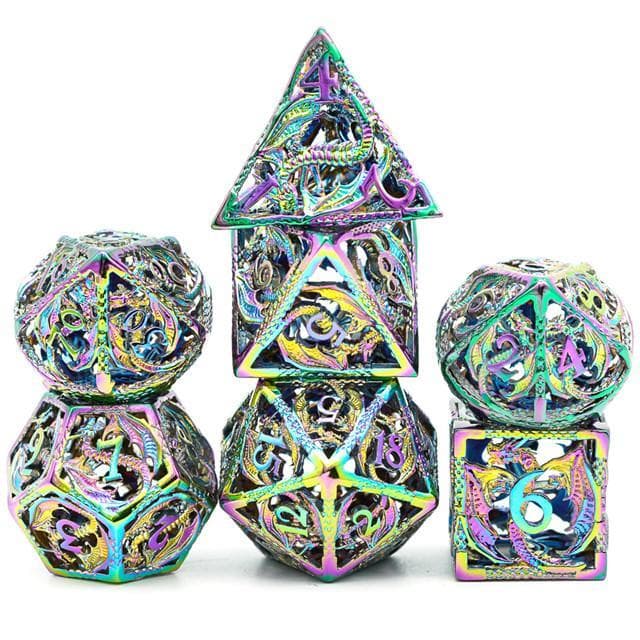 Metal Dice | Hollow "Dragon" Rainbow | Set of 7