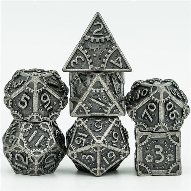 Metal Dice | "Grinding Gears" Silver | Set of 7