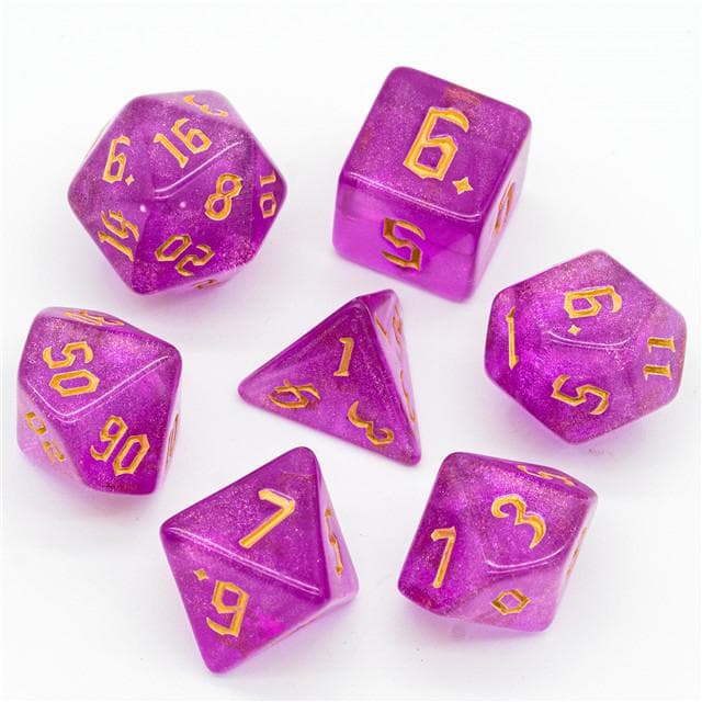 Polyhedral Dice Set | Acrylic | "Magenta Thorns" Gold Ink | Set of 7 (D0121)