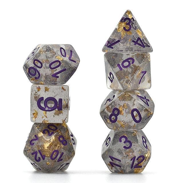 Polyhedral Dice Set | Acrylic | "Gold Leaf" Grey & Purple | Set of 7 (D0032)