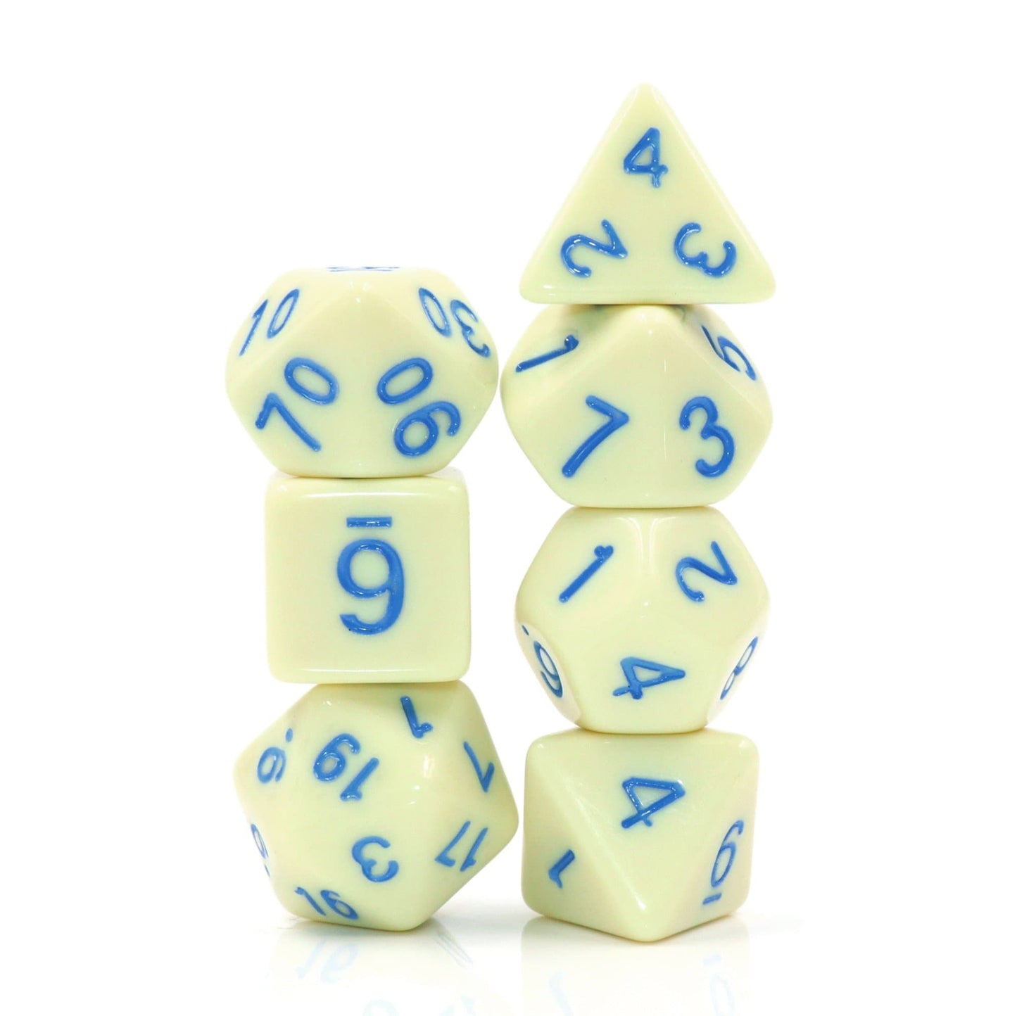 Polyhedral Dice Set | Acrylic | Pastel Eggshell (Blue Ink) | Set of 7 (D0144)