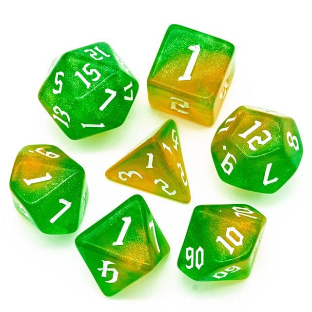 Polyhedral Dice Set | Acrylic | "Citrus Thorns" White Ink | Set of 7 (D0291)