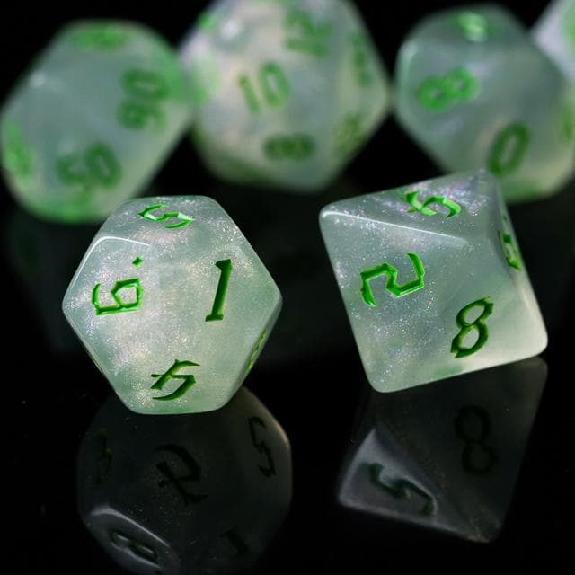 Polyhedral Dice Set | Acrylic | "Moonstone Thorns" Green Ink | Set of 7 (D0123)