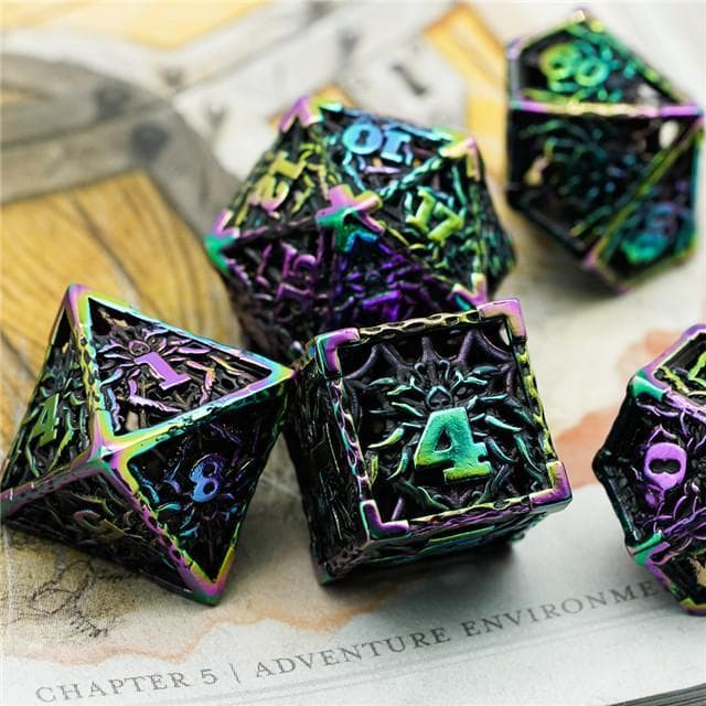 Metal Dice | Hollow "Spider" Rainbow | Set of 7
