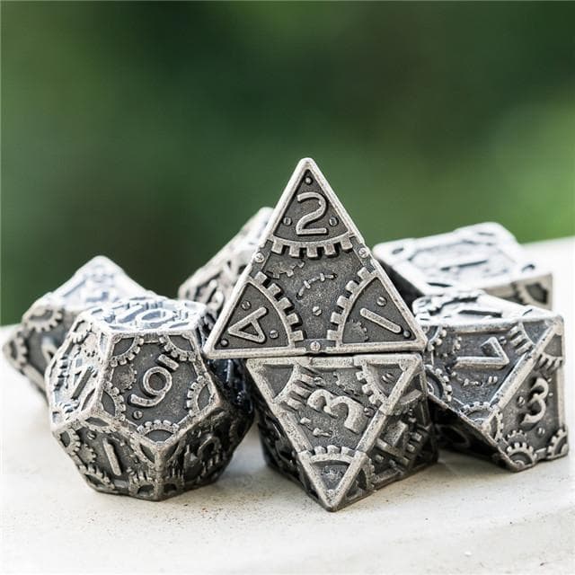 Metal Dice | "Grinding Gears" Silver | Set of 7