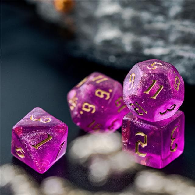 Polyhedral Dice Set | Acrylic | "Magenta Thorns" Gold Ink | Set of 7 (D0121)