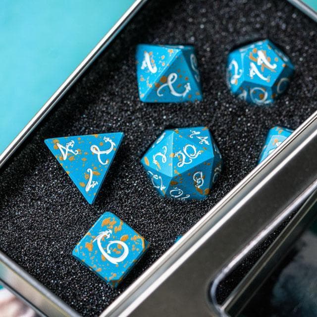 Metal Dice | Blue & Yellow w/ White Dragon | Set of 7