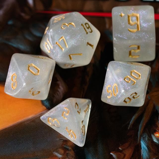 Polyhedral Dice Set | Acrylic | "Moonstone Thorns" Gold Ink | Set of 7 (D0183)