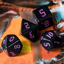 RPG Dice | Solid Black (Pink Ink) | Set of 7