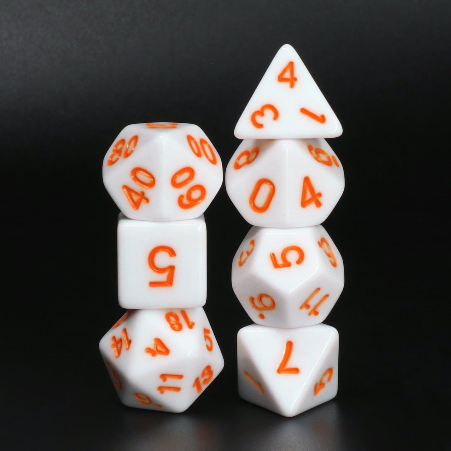 Polyhedral Dice Set | Acrylic | Solid White (Orange Ink) | Set of 7 (D0104)