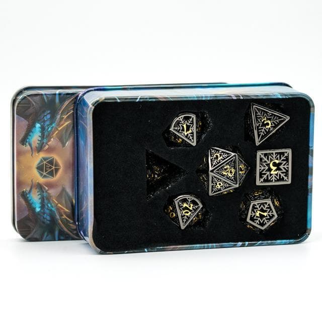 Metal Dice | Hollow "Snowflake" Black & Gold | Set of 7