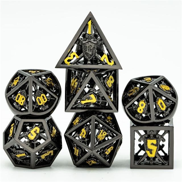 Metal Dice | Hollow "Shield" Black & Gold | Set of 7