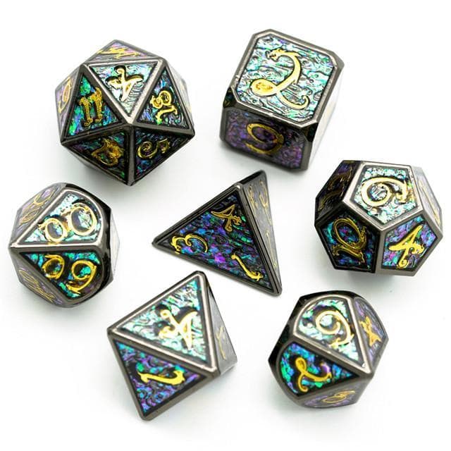 Metal Dice | Iridescent Enamel w/ Gold Dragon | Set of 7