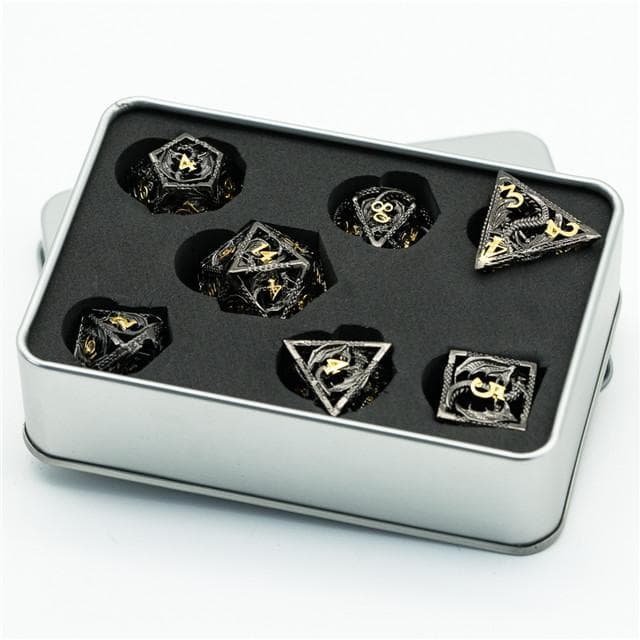 Metal Dice | Hollow "Dragon" Black w/Gold | Set of 7