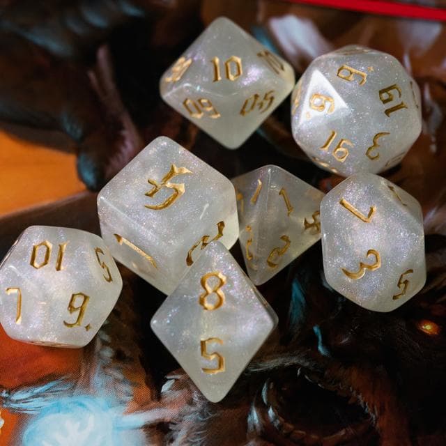Polyhedral Dice Set | Acrylic | "Moonstone Thorns" Gold Ink | Set of 7 (D0183)
