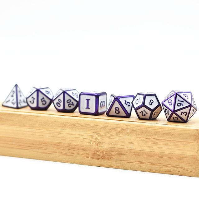 Metal Dice | White Enamel w/Purple | Set of 7