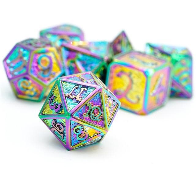 Metal Dice | Rainbow Chrome w/Dragon and Clouds | Set of 7