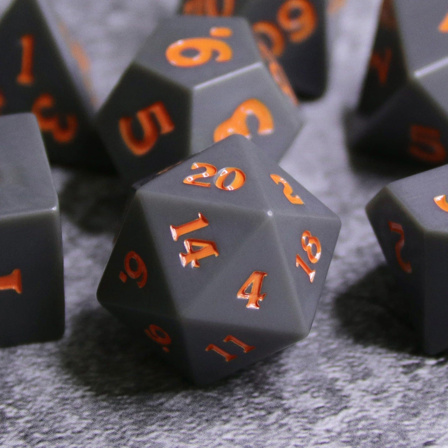RPG Dice | Slate w/ Orange Ink (Sharp Edged) | Set of 7