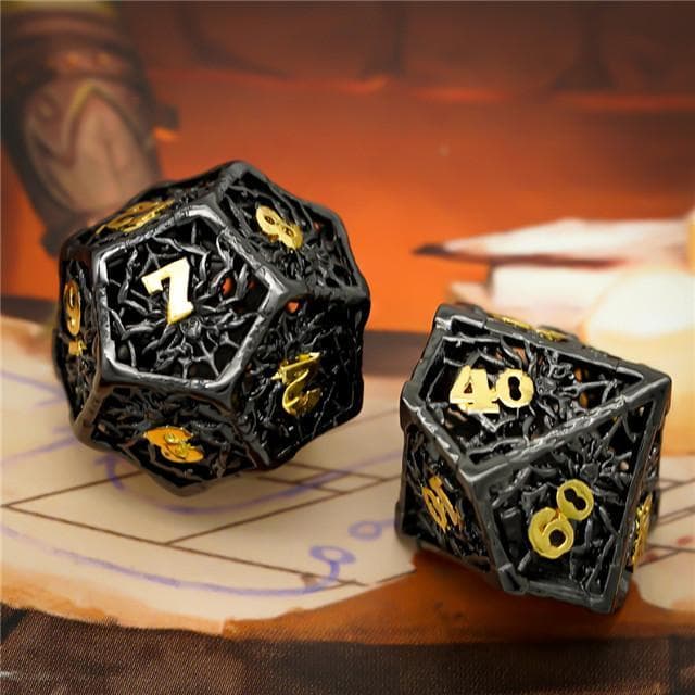 Metal Dice | Hollow "Spider" Black & Gold | Set of 7