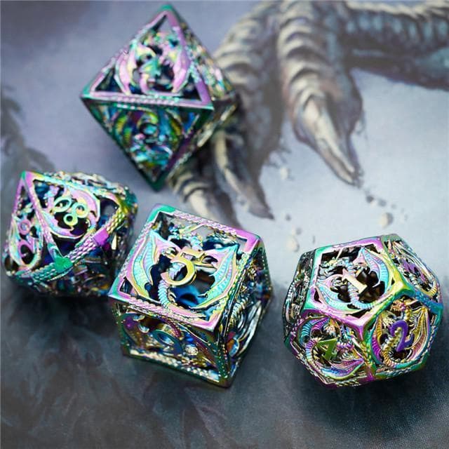 Metal Dice | Hollow "Dragon" Rainbow | Set of 7