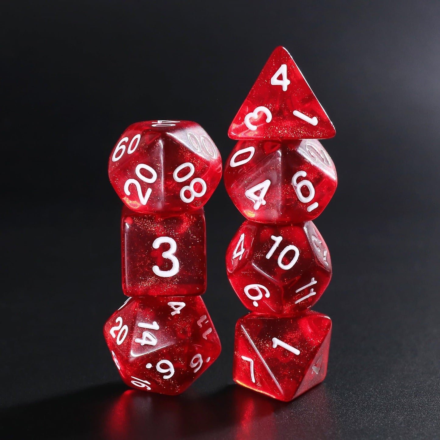 RPG Dice | "Glittering Ruby" (White Ink) | Set of 7