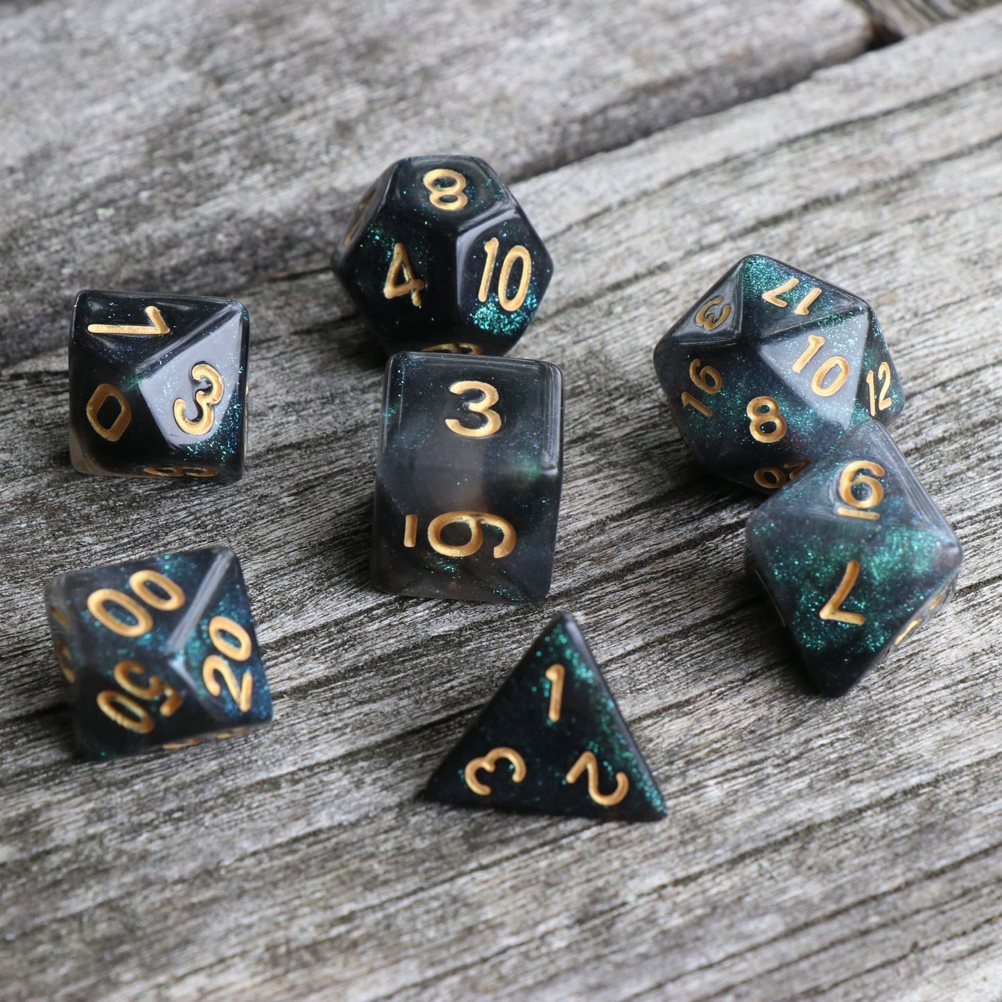 RPG Dice | "Emerald Aurora" Gold Ink | Set of 7