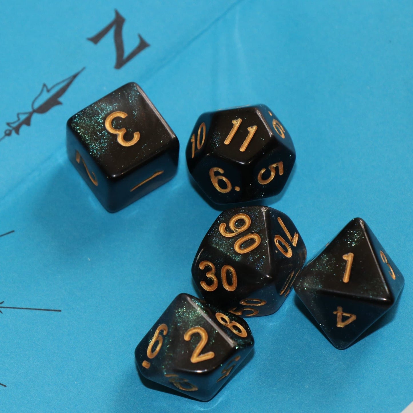RPG Dice | "Emerald Aurora" Gold Ink | Set of 7