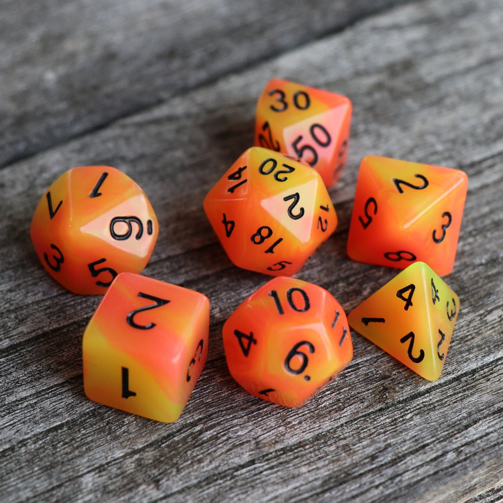 RPG Dice 7 Set - Glow in the Dark "Smouldering Embers" (Red Yellow)