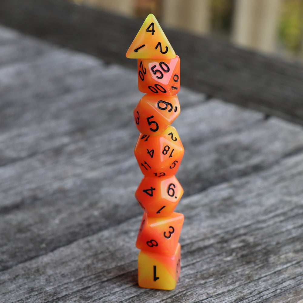 RPG Dice 7 Set - Glow in the Dark "Smouldering Embers" (Red Yellow)