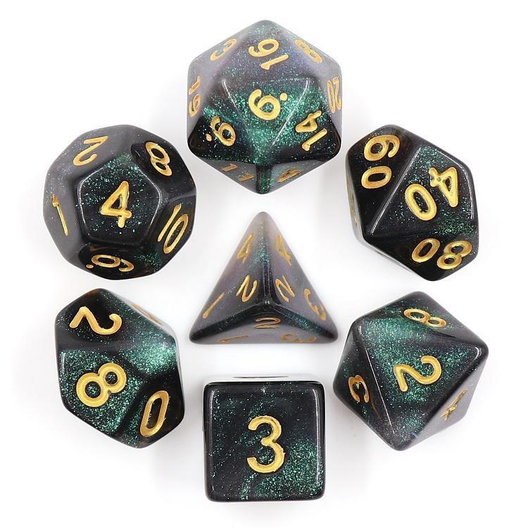 RPG Dice | "Emerald Aurora" Gold Ink | Set of 7