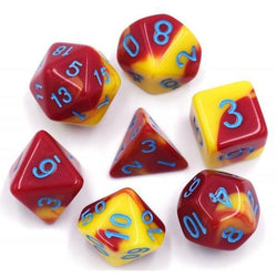 RPG Dice 7 Set - Blend Red Yellow (Blue Font)