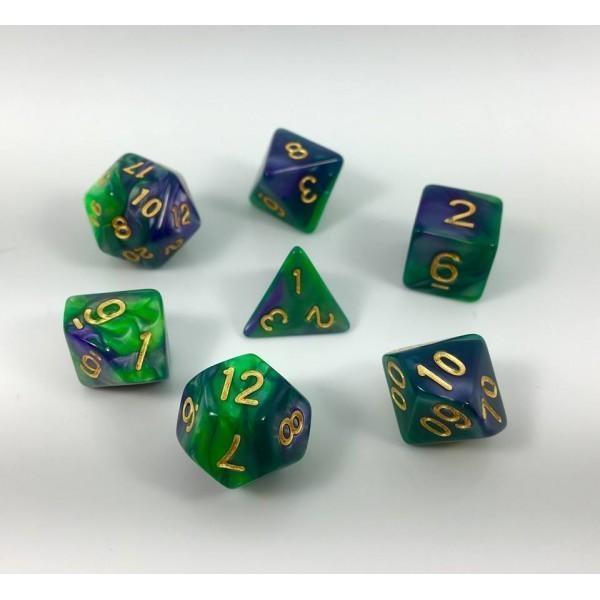 Polyhedral Dice Set | Acrylic | Blend Green Purple (Gold Font) | Set of 7 (D0015)