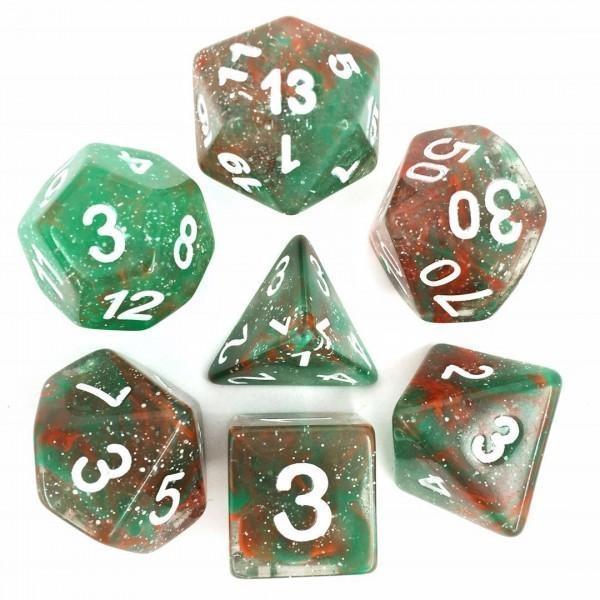 Polyhedral Dice Set | Acrylic | "Galaxy" Red Green | Set of 7 (D0033)