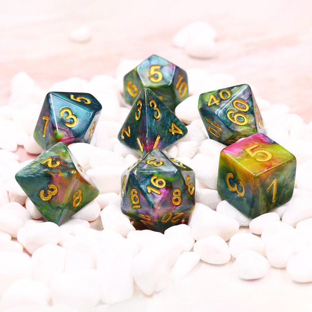 Polyhedral Dice Set | Acrylic | Marble Blue Yellow Rose | Set of 7 (D0019)