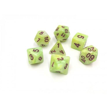 RPG Dice 7 Set - Marble Green Yellow White (Red Font)